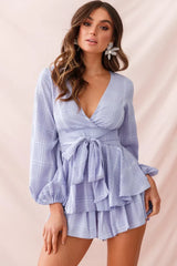 Lavender Plaid Romper with Plunging V-Neck