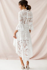 White Lace High-Low Dress with V-Neck and Bell Sleeves