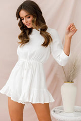 White Romper with Three-Quarter Sleeves and Drawstring Waist