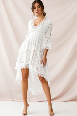 White Lace High-Low Dress with V-Neck and Bell Sleeves