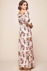 Cream Floral Off-Shoulder Maxi Dress with Front Slit and Long Sleeves