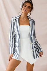 Blue and White Striped Blazer with Notched Lapel and Flap Pockets