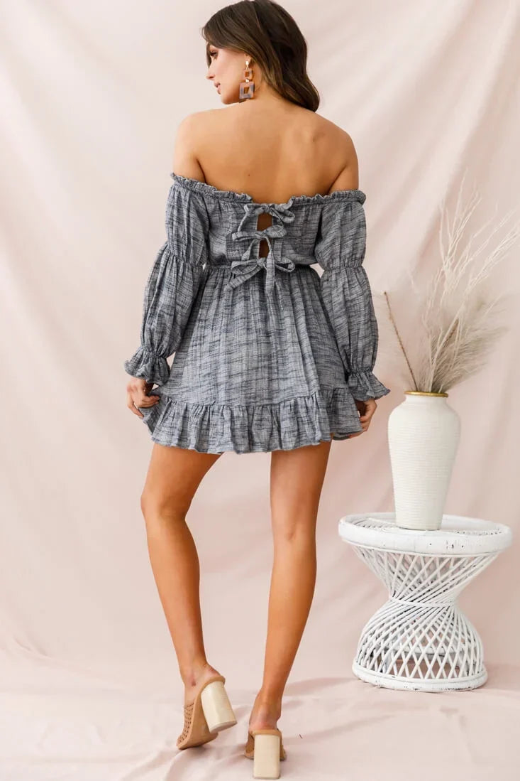 Blue Off-Shoulder Mini Dress with Daisy Embroidery and Puff Sleeves