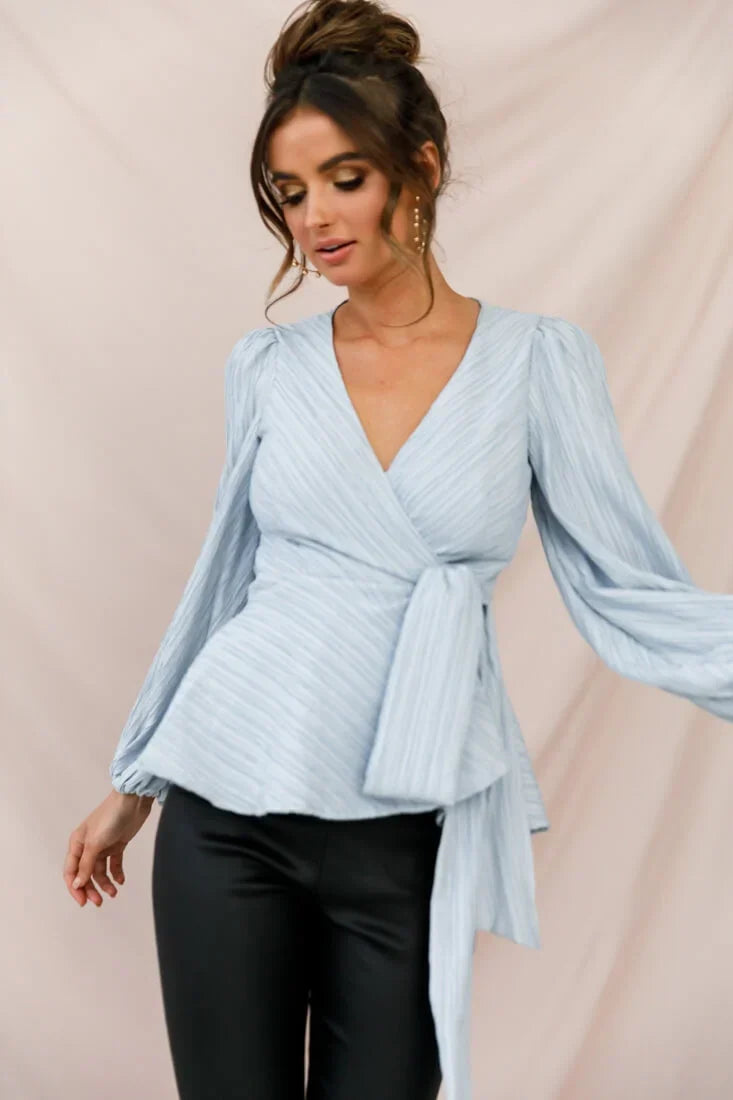 Light Blue Wrap Top with Balloon Sleeves and Peplum Waist Tie