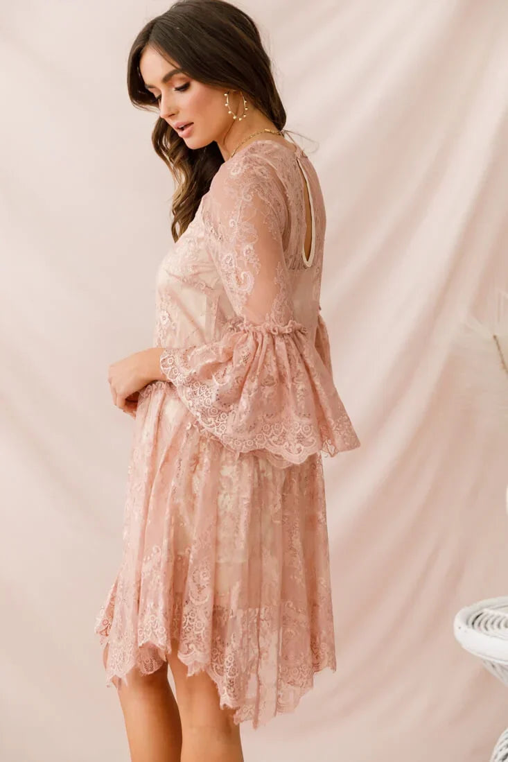 Blush Pink Lace Mini Dress with Bell Sleeves and Scalloped Hem