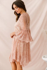 Blush Pink Lace Mini Dress with Bell Sleeves and Scalloped Hem