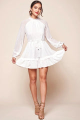 White Swiss Dot Mini Dress with High Neck and Ruffle Hem