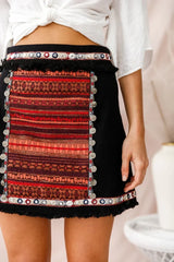Black Mini Skirt with Embroidered Tribal Panel and Fringe Hem