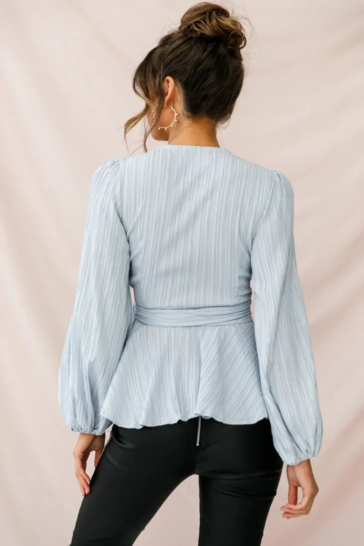 Light Blue Wrap Top with Balloon Sleeves and Peplum Waist Tie