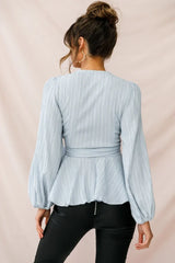 Light Blue Wrap Top with Balloon Sleeves and Peplum Waist Tie