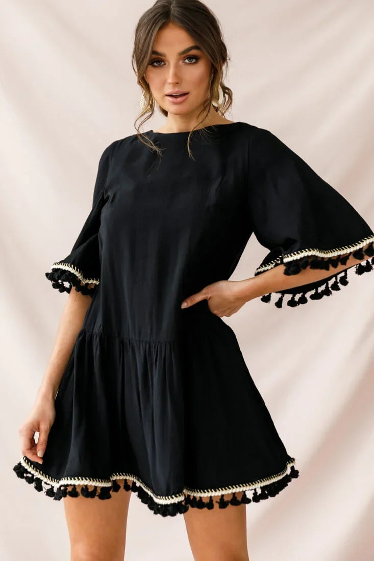 Black Mini Dress with Tassel Trim, Bell Sleeves and Drop Waist