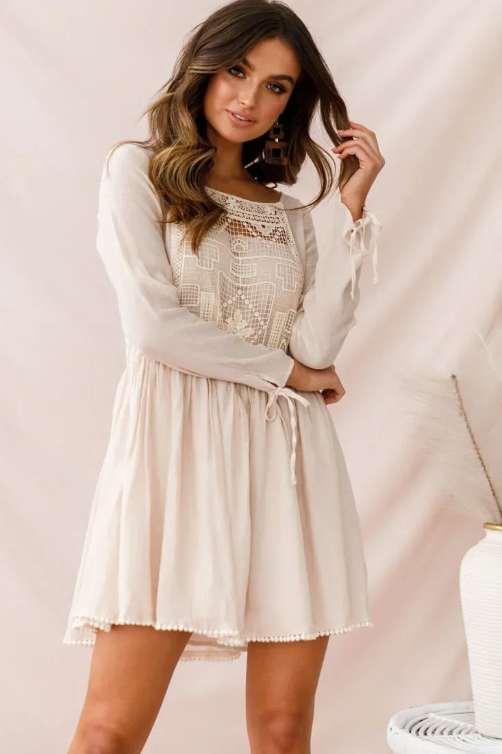 Beige Long Sleeve Mini Dress with Crochet Lace Yoke and Swing Hem