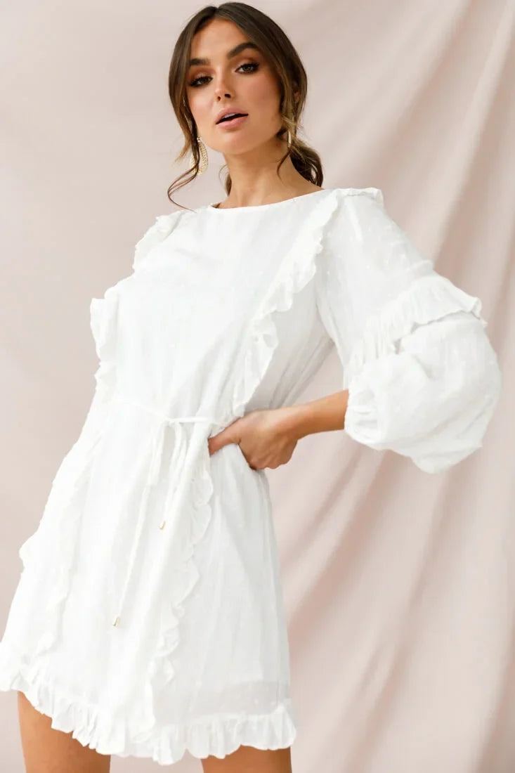 White Long Sleeve Mini Dress with Ruffle Trim and Tie Waist