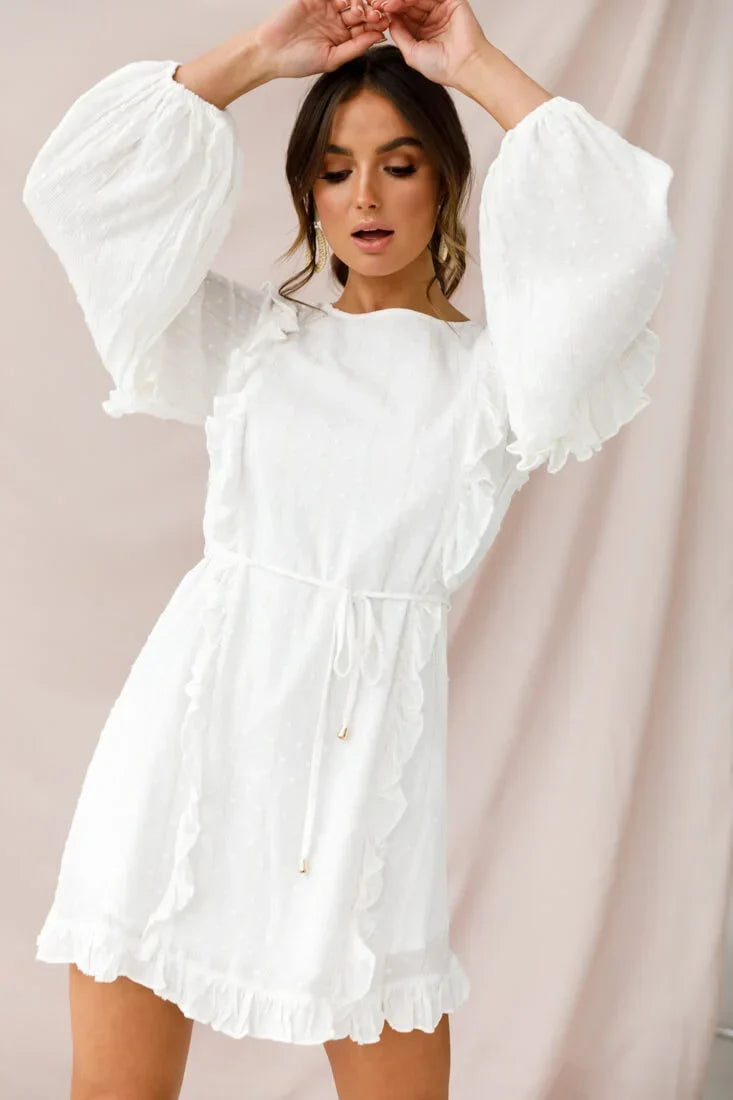 White Long Sleeve Mini Dress with Ruffle Trim and Tie Waist