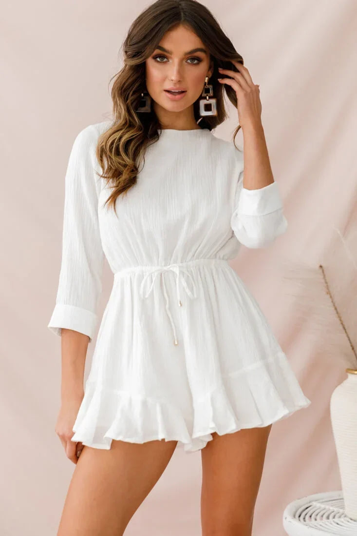 White Romper with Three-Quarter Sleeves and Drawstring Waist