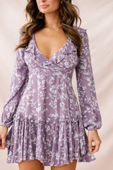 Lilac Floral Mini Dress with Plunging V-Neck and Ruffle Trim