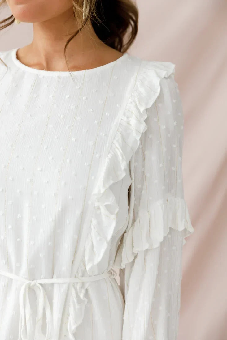 White Long Sleeve Mini Dress with Ruffle Trim and Tie Waist