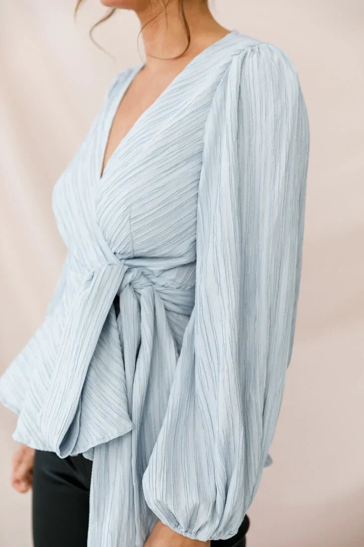 Light Blue Wrap Top with Balloon Sleeves and Peplum Waist Tie
