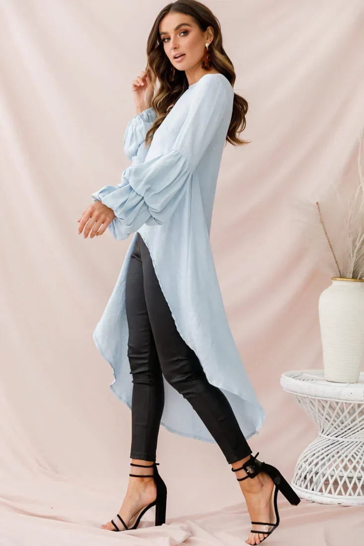 Light Blue High-Low Hem Top with Tiered Balloon Sleeves