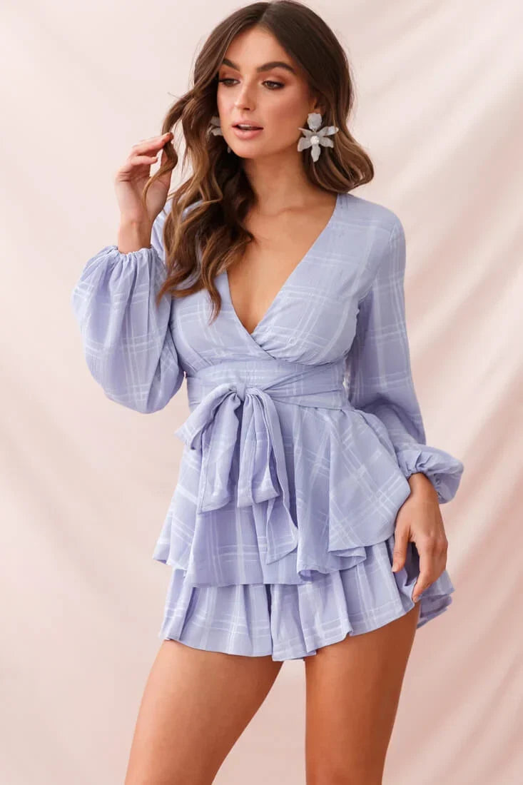 Lavender Plaid Romper with Plunging V-Neck