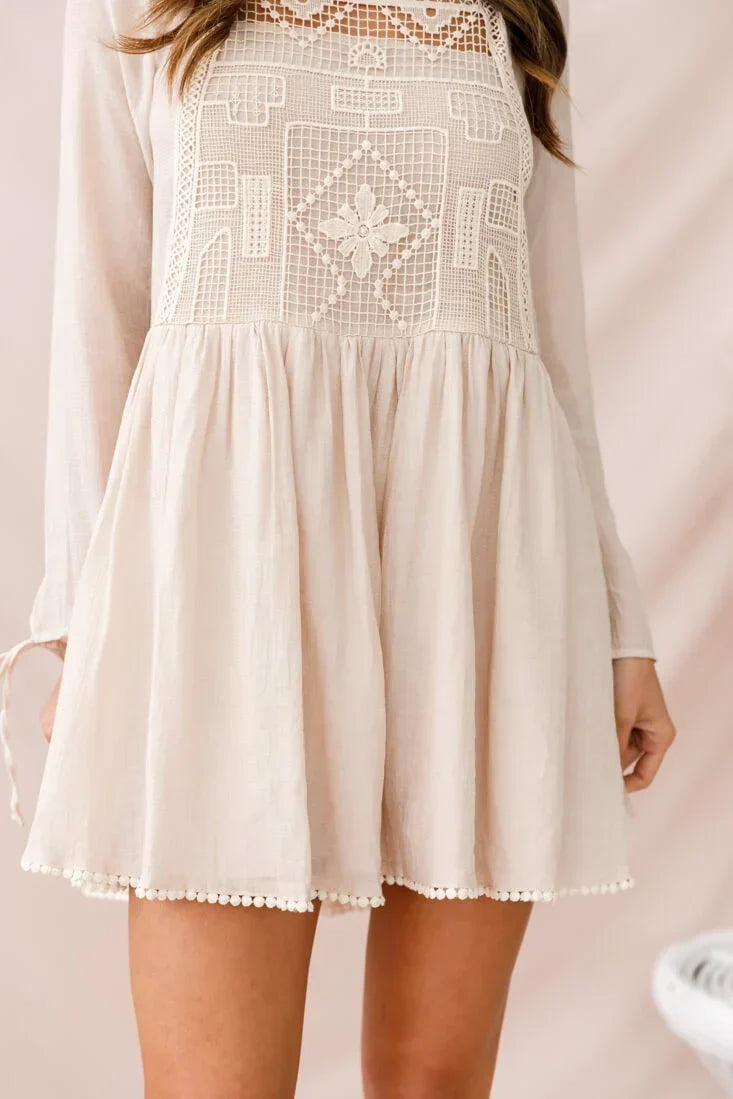 Beige Long Sleeve Mini Dress with Crochet Lace Yoke and Swing Hem