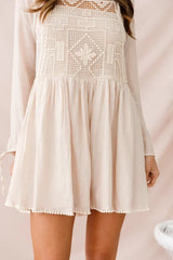 Beige Long Sleeve Mini Dress with Crochet Lace Yoke and Swing Hem