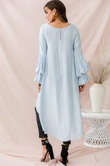 Light Blue High-Low Hem Top with Tiered Balloon Sleeves