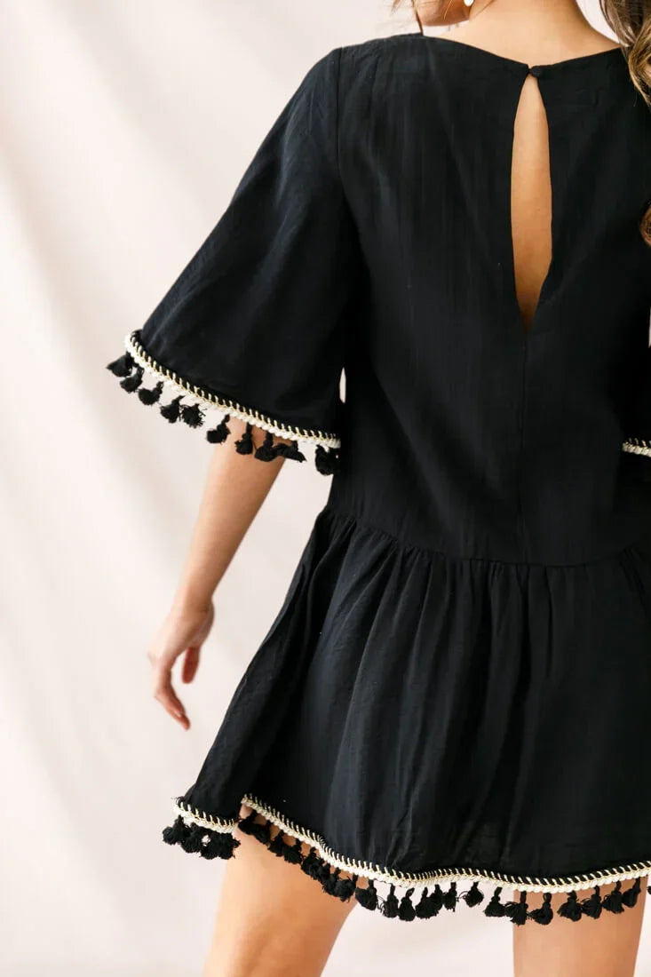 Black Mini Dress with Tassel Trim, Bell Sleeves and Drop Waist