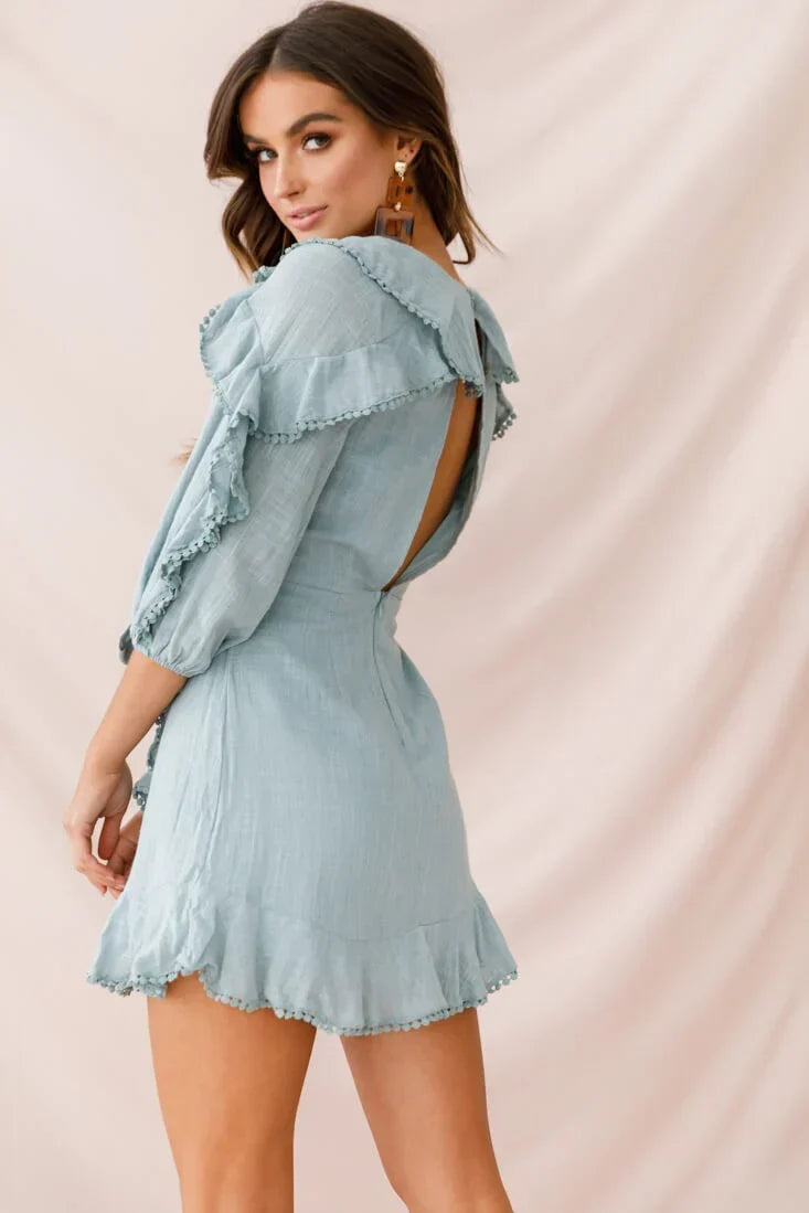 Sage Green Faux Wrap Mini Dress with Ruffle Trim and Puff Sleeves