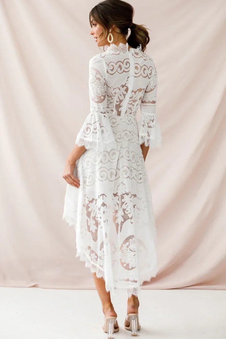 White Lace High-Low Dress with V-Neck and Bell Sleeves