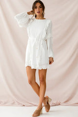 White Long Sleeve Mini Dress with Ruffle Trim and Tie Waist