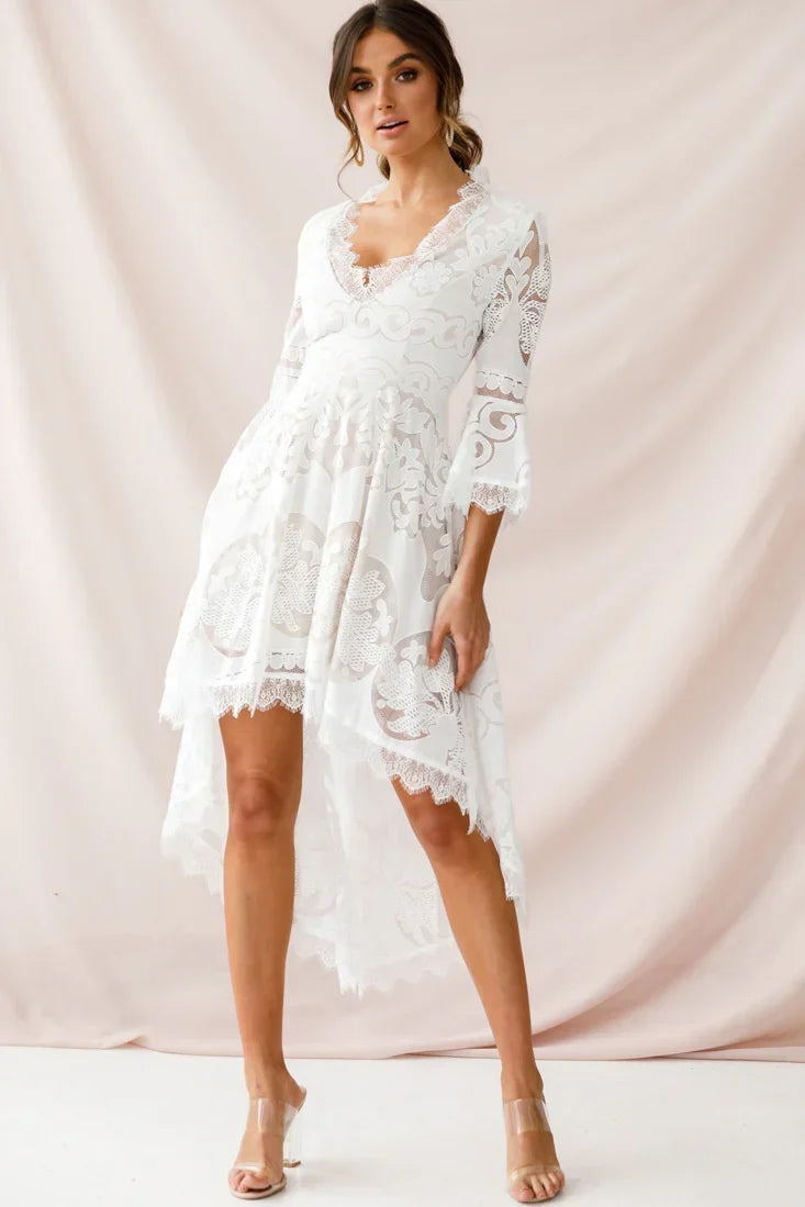 White Lace High-Low Dress with V-Neck and Bell Sleeves