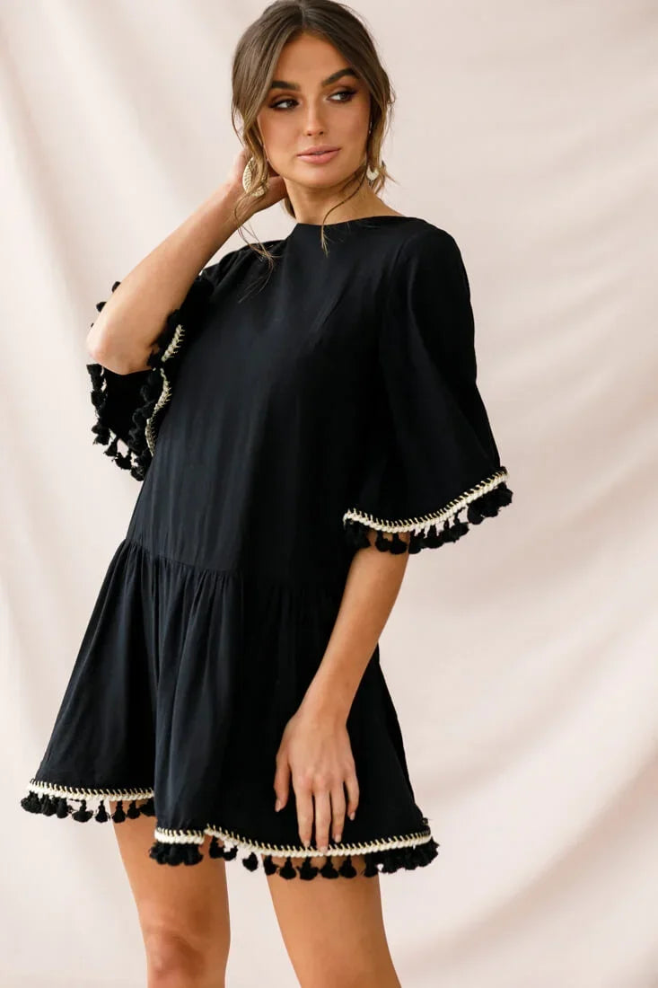 Black Mini Dress with Tassel Trim, Bell Sleeves and Drop Waist