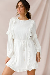 White Long Sleeve Mini Dress with Ruffle Trim and Tie Waist
