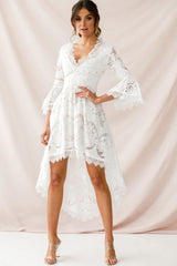 White Lace High-Low Dress with V-Neck and Bell Sleeves