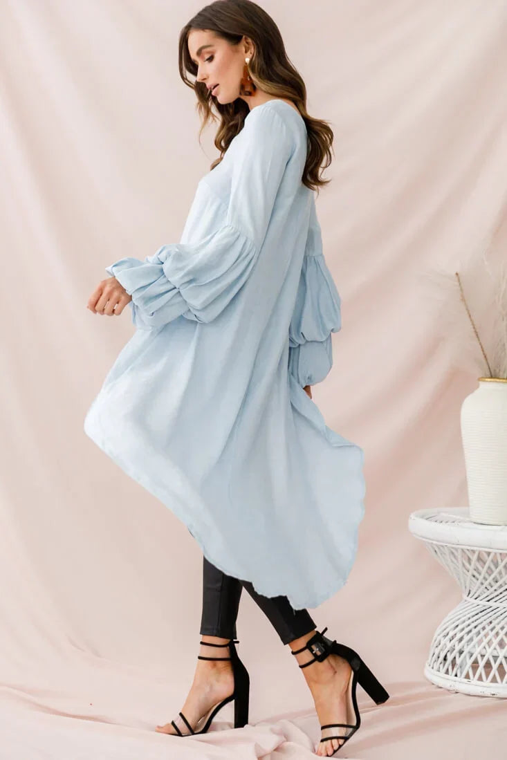Light Blue High-Low Hem Top with Tiered Balloon Sleeves