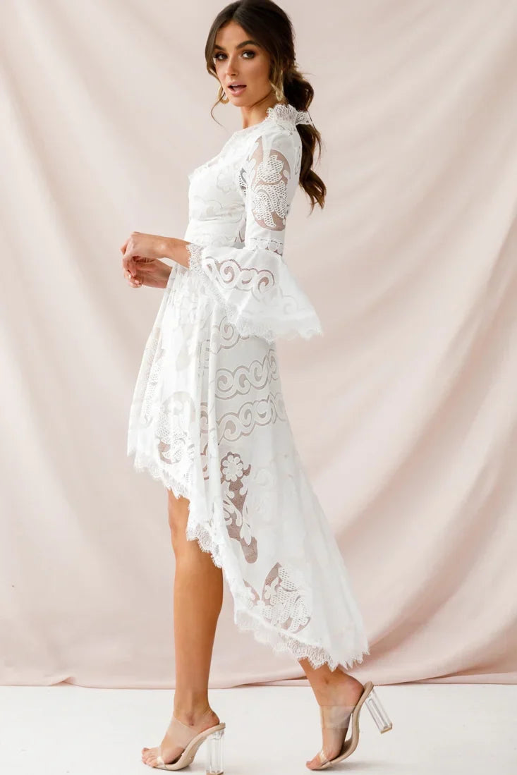 White Lace High-Low Dress with V-Neck and Bell Sleeves