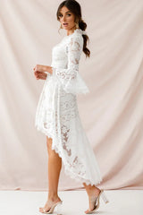 White Lace High-Low Dress with V-Neck and Bell Sleeves