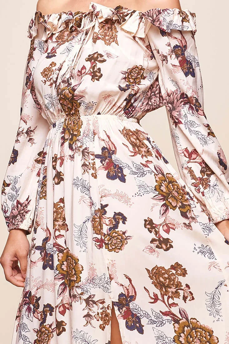 Cream Floral Off-Shoulder Maxi Dress with Front Slit and Long Sleeves