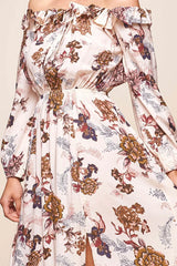 Cream Floral Off-Shoulder Maxi Dress with Front Slit and Long Sleeves