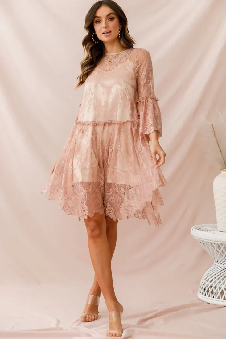 Blush Pink Lace Mini Dress with Bell Sleeves and Scalloped Hem