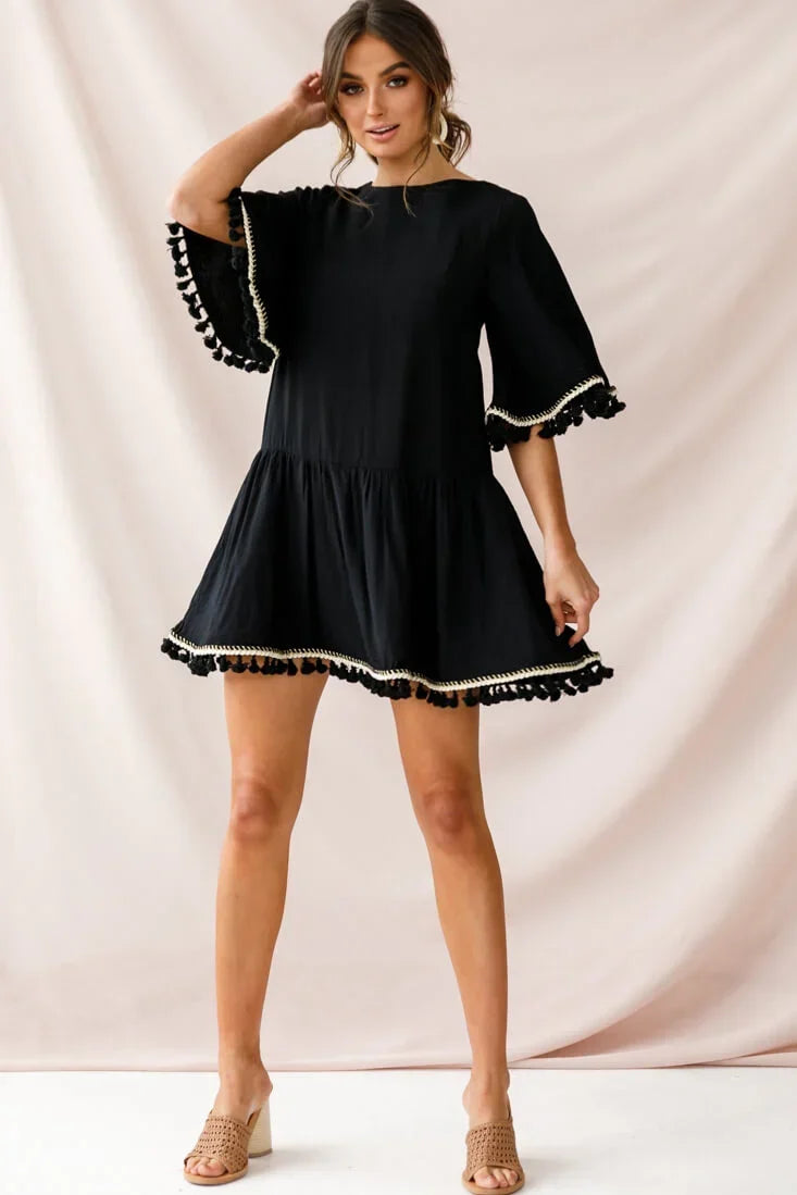 Black Mini Dress with Tassel Trim, Bell Sleeves and Drop Waist