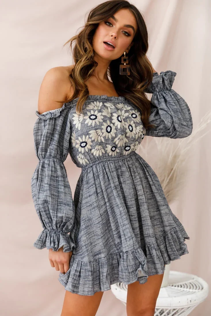 Blue Off-Shoulder Mini Dress with Daisy Embroidery and Puff Sleeves