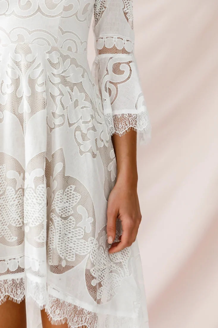 White Lace High-Low Dress with V-Neck and Bell Sleeves