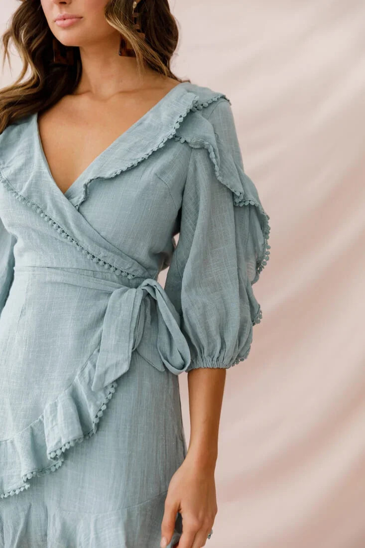 Sage Green Faux Wrap Mini Dress with Ruffle Trim and Puff Sleeves