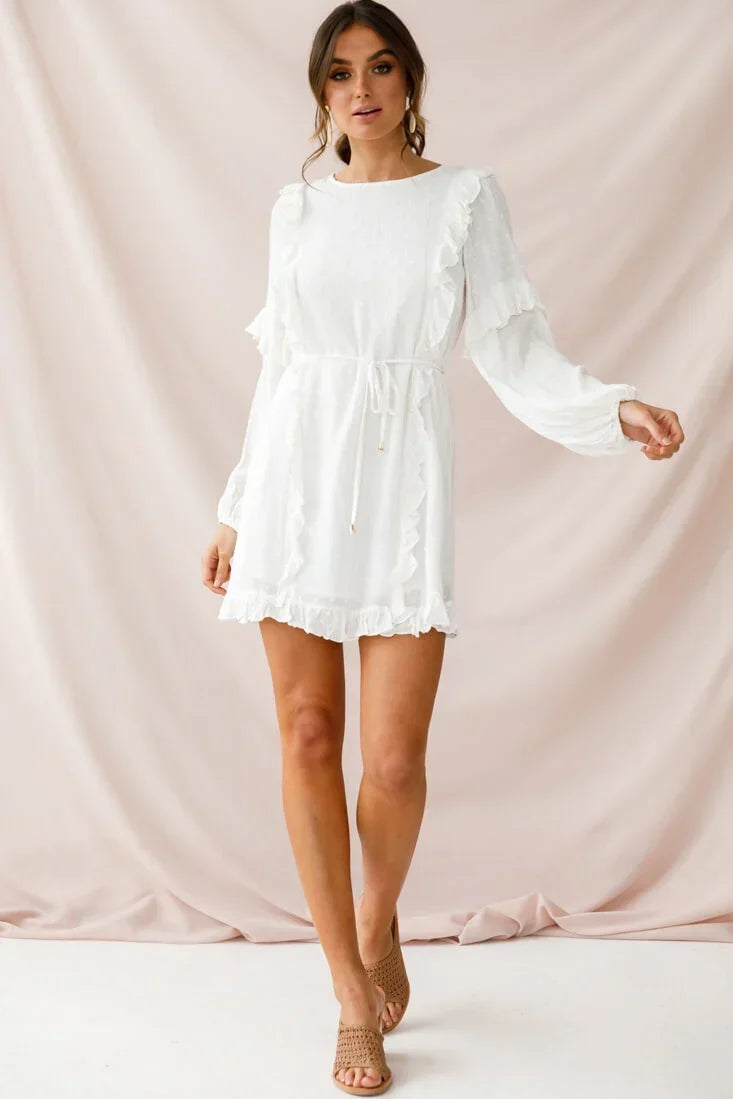 White Long Sleeve Mini Dress with Ruffle Trim and Tie Waist