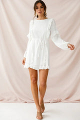 White Long Sleeve Mini Dress with Ruffle Trim and Tie Waist