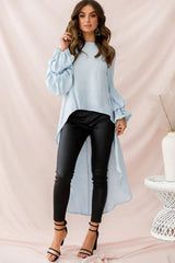 Light Blue High-Low Hem Top with Tiered Balloon Sleeves