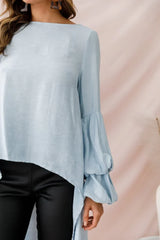 Light Blue High-Low Hem Top with Tiered Balloon Sleeves