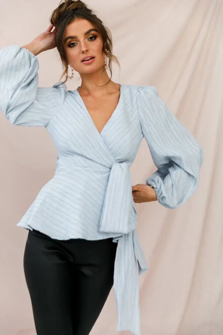 Light Blue Wrap Top with Balloon Sleeves and Peplum Waist Tie